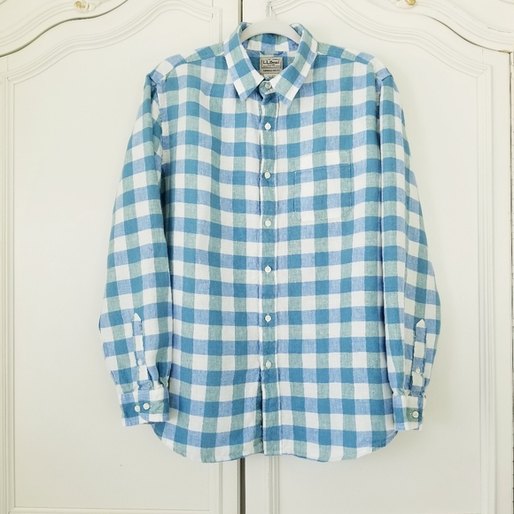 L.L. Bean Other - L.L. Bean Blue Green Check Linen Long Sleeve Slightly Fitted Shirt Mens Shirt L